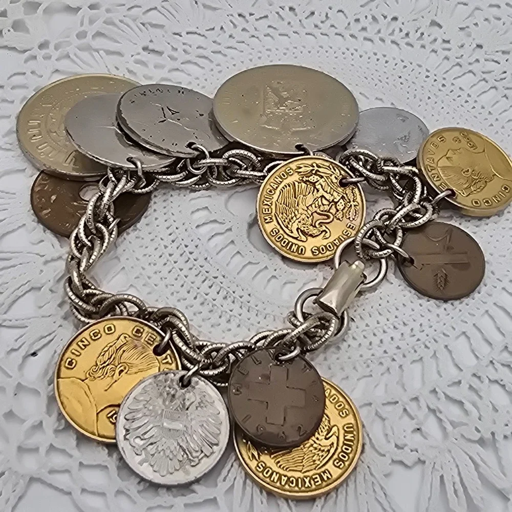 Vintage Coro Coin Charm Bracelet Mid Century Around the World Jewelry Full